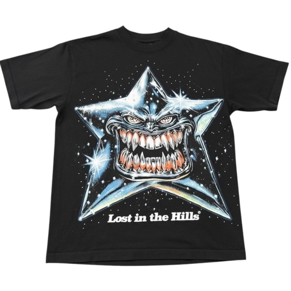 Lost in the Hills Graphic T-Shirt Small Black Y2K Streetwear Star Print USA Made